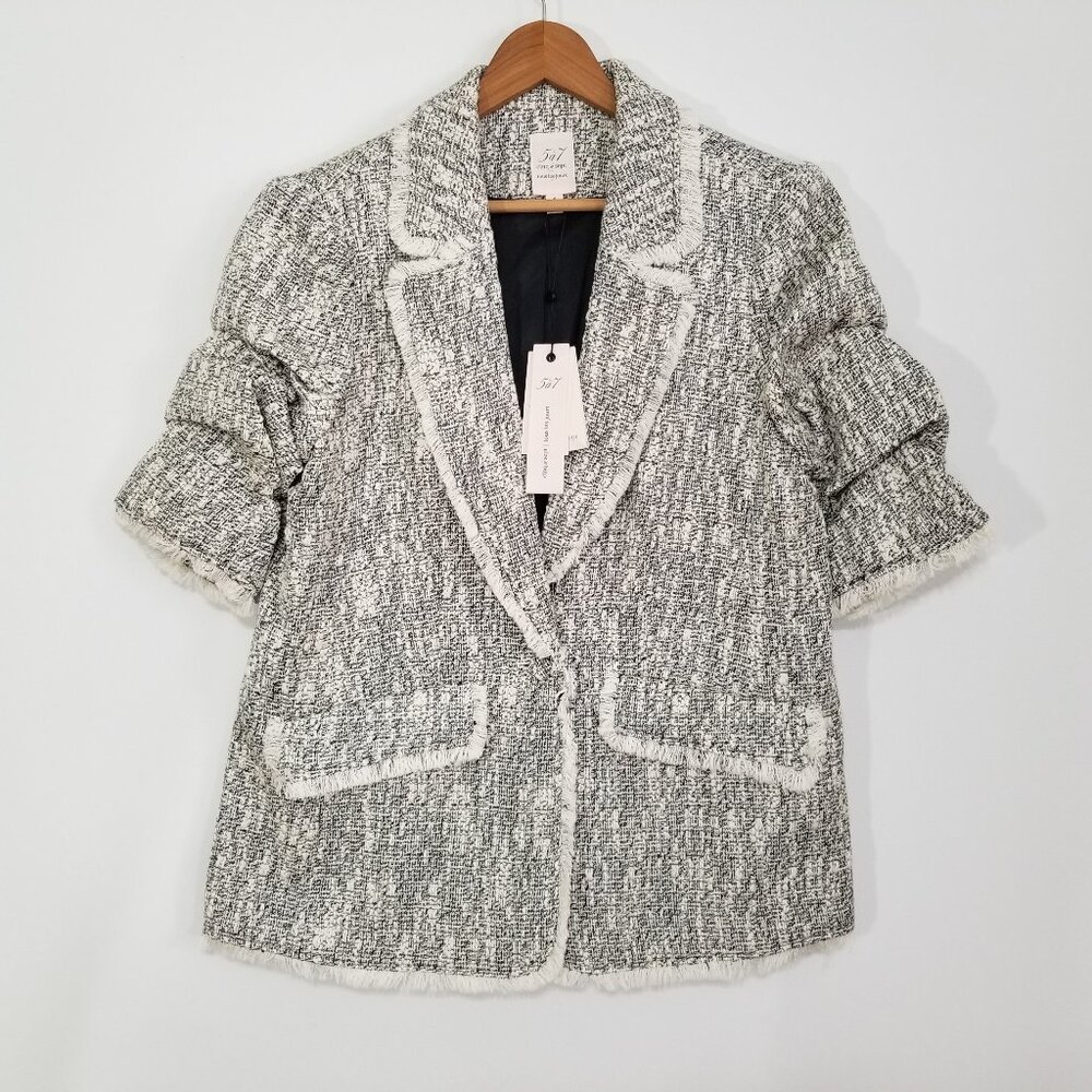 NWT Cinq à Sept Erin Fringed Boucle Tweed Blazer Jacket Black/Ivory Size 8 $425 - Picture 6 of 17